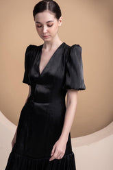 Silk Organza Midi Dress with Puff Sleeves and Flared Hem for Elegant Occasions